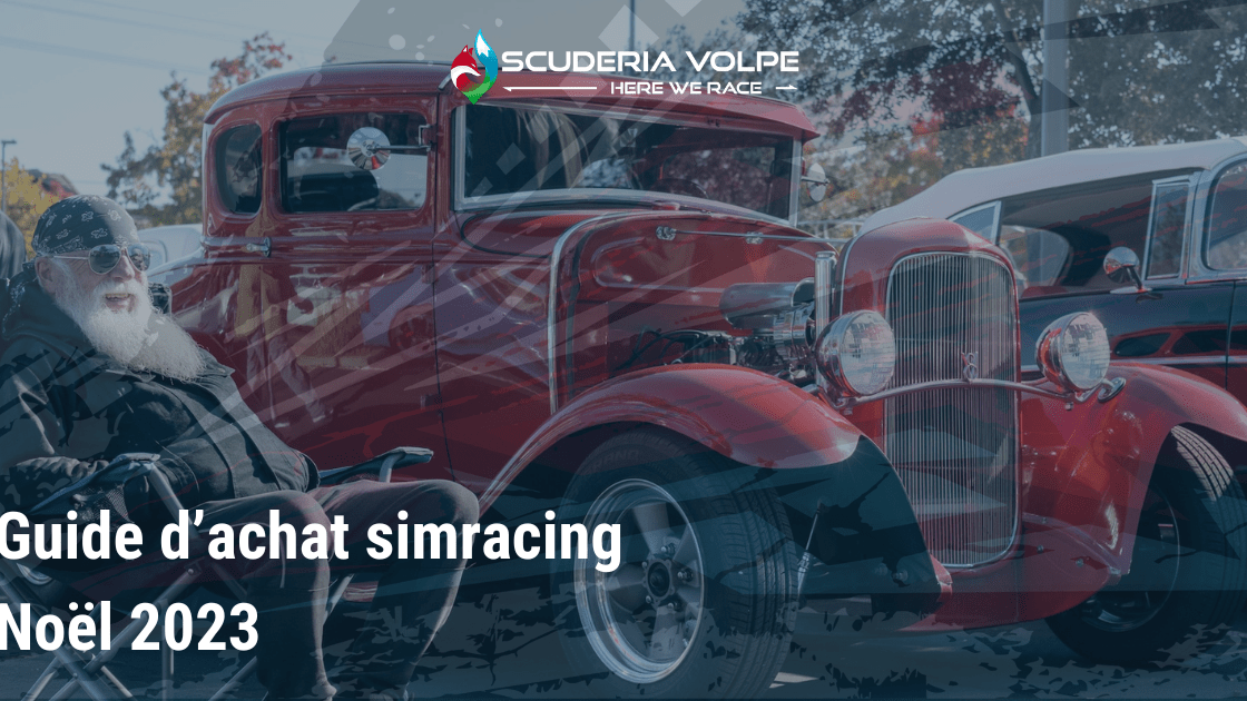 guide-achat-simracing-noel-2023 photo d'un père noël près d'une voiture pour avec le texte guide d'achat simracing noel 2023