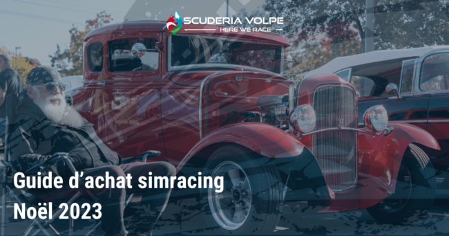 guide-achat-simracing-noel-2023 photo d'un père noël près d'une voiture pour avec le texte guide d'achat simracing noel 2023