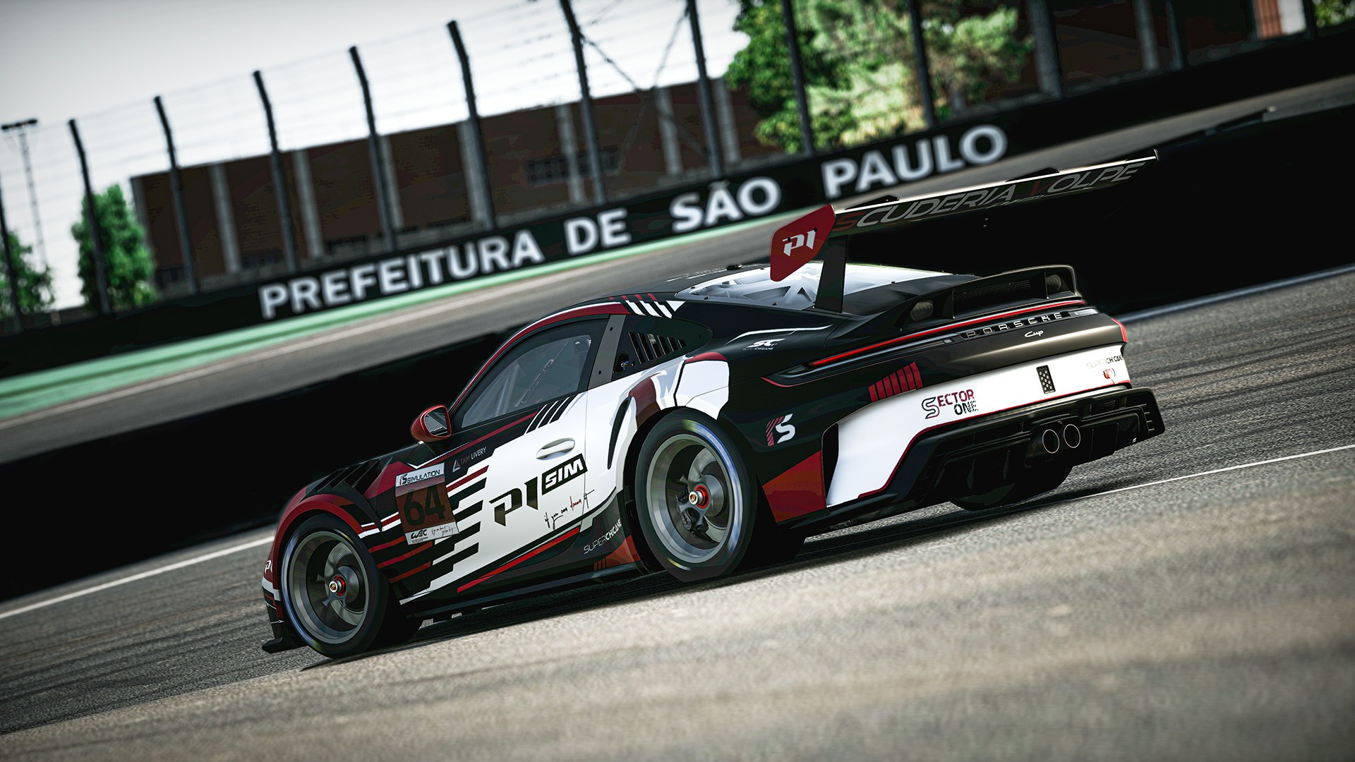 La Porsche 992.2 engagée dans l'ARL Porsche Cup 2026. En arrière plan, un panneau indique "Préfecture de Sao Paulo" en brésilien.